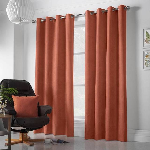 Essential Living Velvet Chenille Eyelet Ring Top Curtains Orange 142cm x 137cm, Orange