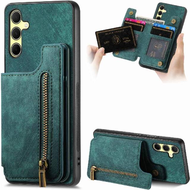 (Green) Case for Samsung Galaxy A35 5g Vintage Zipper Wallet Foldable Back Cover Stand Function