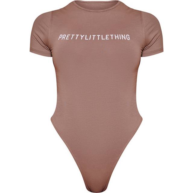PRETTYLITTLETHING Toffee Logo Short Sleeved Bodysuit, Toffee - M