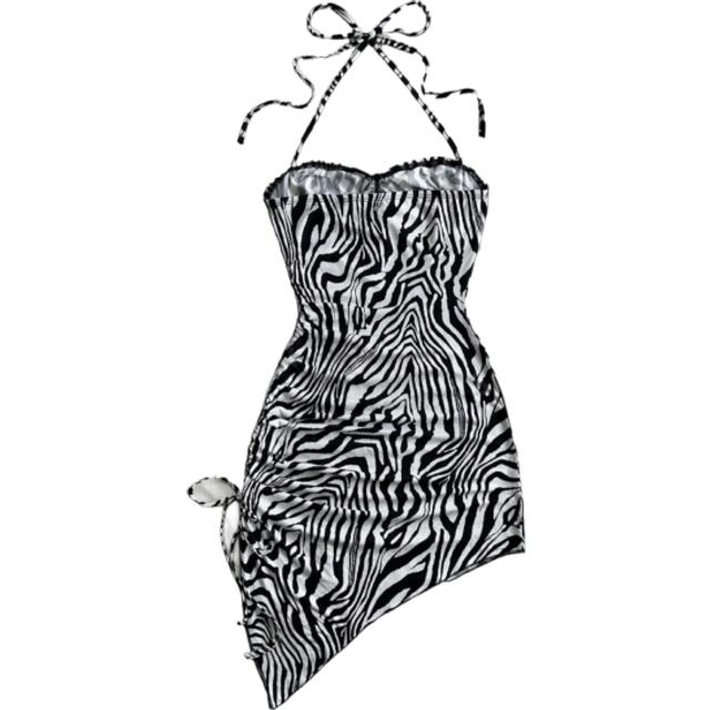 Soleia Women&#39;s Black And White Zebra Print Asymmetric Hem Halter Bow Tie Sleeveless Bodycon Mini Dress, Cute Vacation Style, Fashion Winter Outerwear,Summer