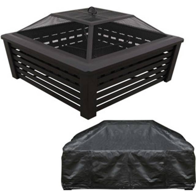 Dellonda 35" Square Outdoor Fire Pit, Mesh Screen Lid, Black w/ Water Resistant Drawstring Cover - DG238, Black