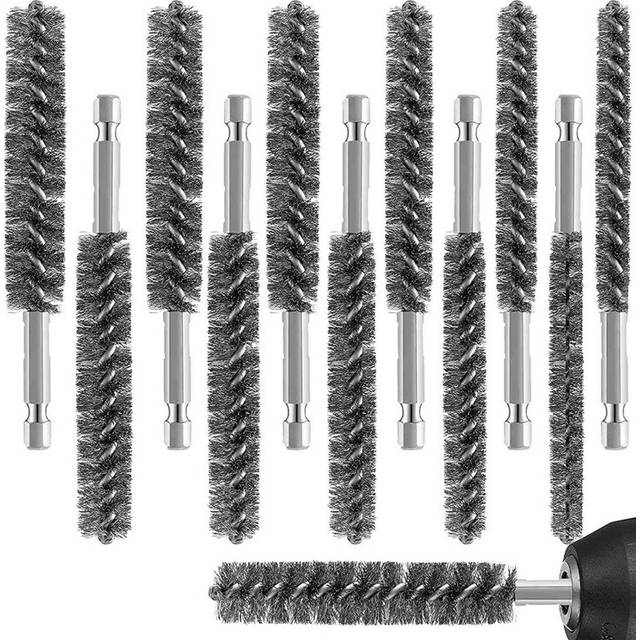 Stainless Steel Bore Brush Stainless Steel Bristles Wire Brush for Power Drill with Hex Handle 12 Pcs