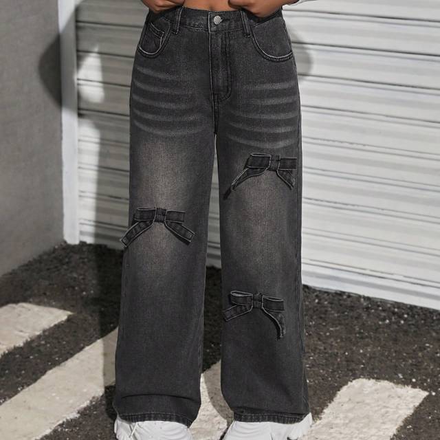 SHEIN Tween Girls Y2K Fashion Stonewashed Baggy Denim Straight Leg Jeans Pants With Bowknot Decorated Pockets, Tween Girl Fall Clothes Back To School Outfit