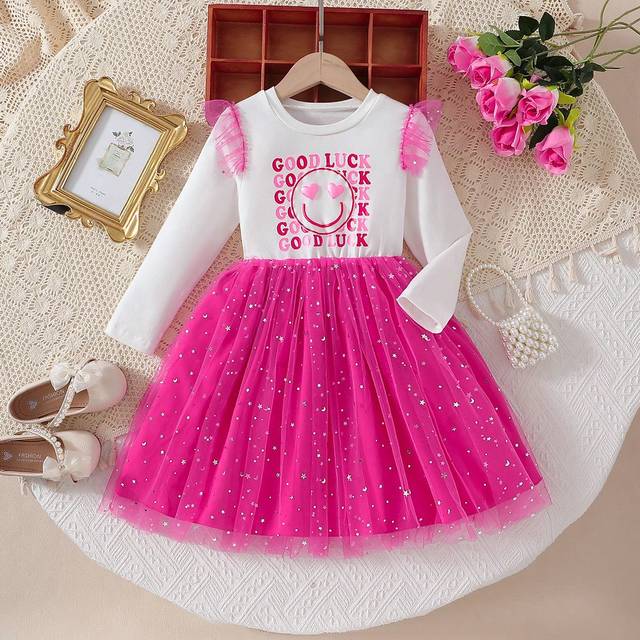SHEIN Young Girl Elegant Letter & Smiling Print Patchwork Long Sleeve Sequin Moon & Star Net Mesh Hem Dress For Daily, Party Wear, Autumn Winter