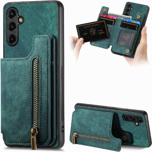 (Green) Case for Samsung Galaxy A14 5g Vintage Zipper Wallet Stand Function Foldable Back Cover