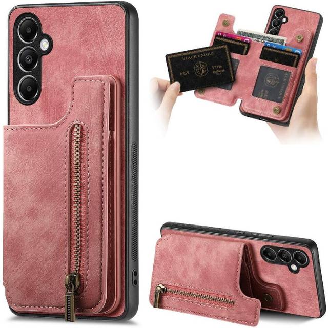 (Pink) Case for Samsung Galaxy A05s Stand Function Vintage Zipper Wallet Foldable Back Cover
