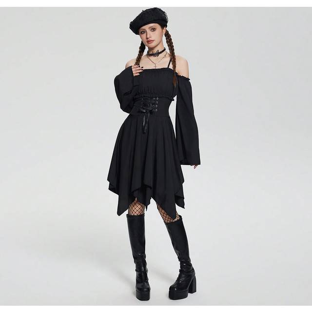 SHEIN Teen Girl Punk Asymmetric Hem Long Sleeve Cinched Waist Waist Mini Dress