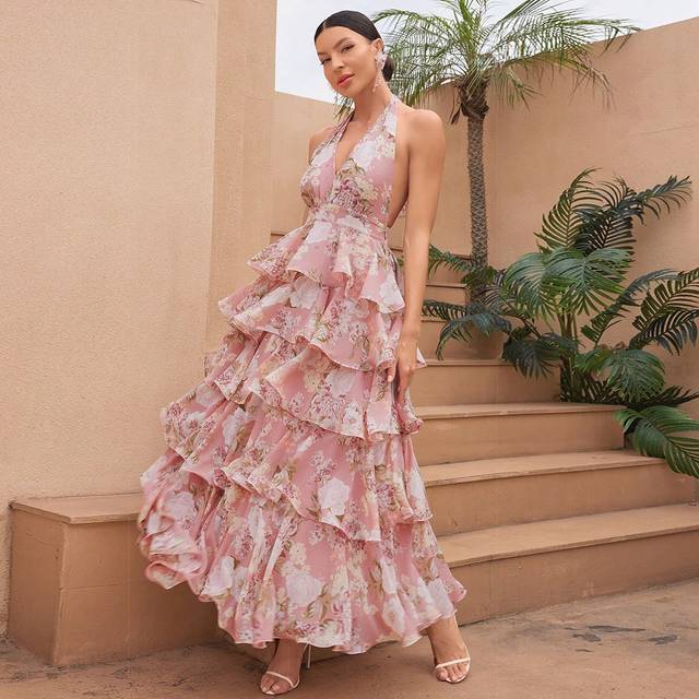 UNITHORSE Digital Watercolor Printing V-Neck Halter Backless Chiffon Floral Dress, Random Cut Flower Pattern, Elegant And Airy With Layers Of Ruffles Prom Semi