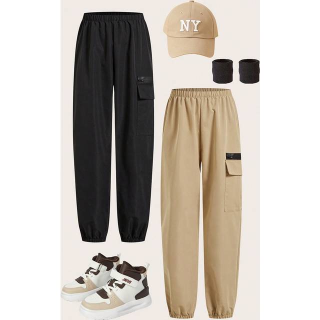 SHEIN 2pcs/Set Tween Boys&#39; Casual Loose Solid Cargo Pants With Pockets, Relaxed Fit Drawstring Waist Trousers