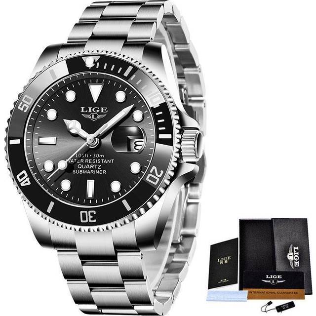 Lige mens wristwatch luxury quartz black waterproof sports silver watch boxed