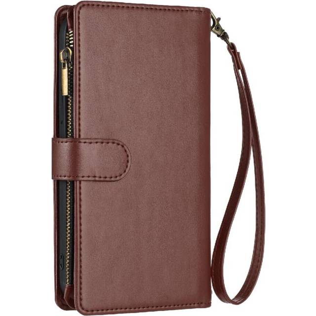 (Brown) Case for iphone 16 Pro Handbag Cover Folio Flip Card Slots Pu Leather Wallet Zipper