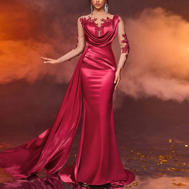 Glamrae Burgundy Red Elegant Sheer Long Sleeve Floral Applique High Waist Fishtail Maxi Formal Dress With Train, Evening Gown, Wedding Guest Party Dress