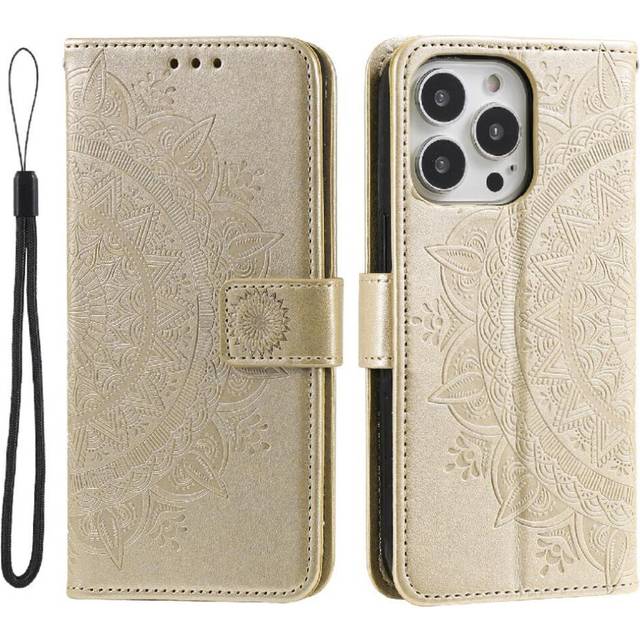 (Gold) Flip Case for iphone 16 Pro Totem Embossing Kickstand Pu Leather Wallet Case