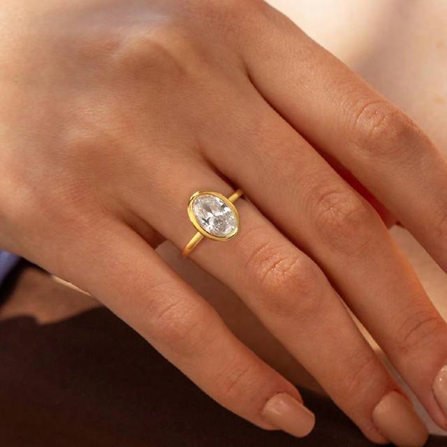 SHEIN 1 PC 925 Sterling Silver Oval Solitaire Full Bezel Wedding Ring Engagement/Wedding/Anniversary/Fine Jewelry Gift For Women