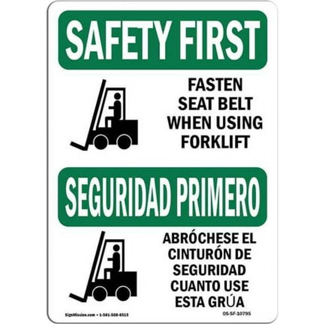 SignMission OS-SF-D-35-L-10795 Safety First Fasten Belt Using Forklift Bilingual OSHA Decal Sign