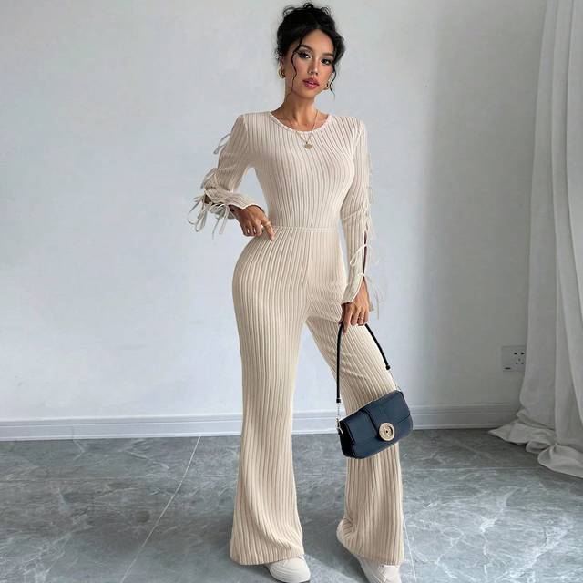 Chiquease Vintage Style Open Back Hollow Round Neck Knit Bow Tie Long Sleeve Bodysuit With Slim Fit Casual Pants, European And American Design