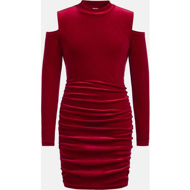 SHEIN Tween Girl Elegant Burgundy Velvet Ruffled Cold Shoulder Long Sleeve Dress