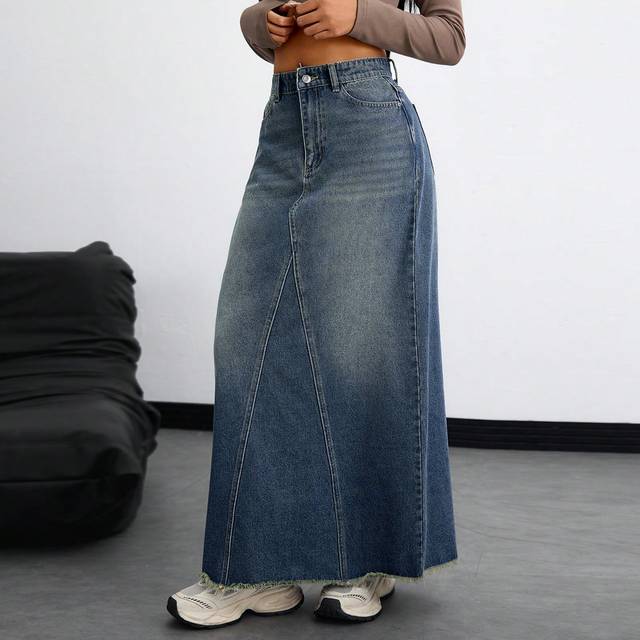 Jeanoix Casual Denim Skirt With Frayed Hem, Autumn