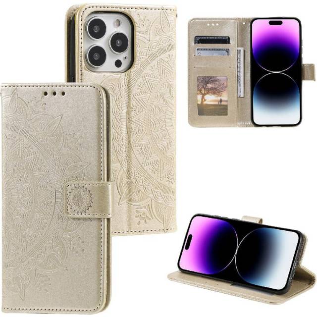 (Gold) Flip Case for iphone 16 Pro Max Wallet Case Kickstand Pu Leather Totem Embossing