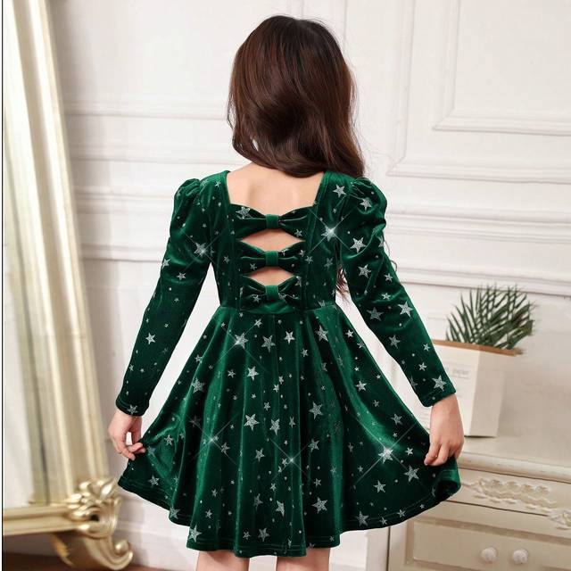 SHEIN Young Girl Elegant Bowknot Puff Sleeve Velvet Holiday Red Dress, For Christmas