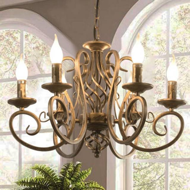 6 Lights Candle Wrought Iron French Country Chandelier - Gold - One Size
