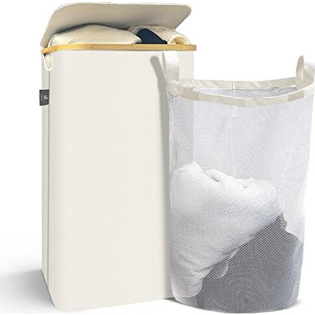 VOUNOT Vikbar tvättkorg med hjul 100 L tvättbricka med lock och avtagbar innerväska, stor kapacitet tvättkorg med handtag och bamburam för beige kläder