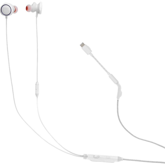 I förpackningen: 1 JBL Quantum 50C kabelanslutna hörlurar för gaming, vit, 1 V/H-förstärkare, 3 storlekar på öronsnäckor av silikon: S, M, L, 1 Snabbguide och bruksanvisning