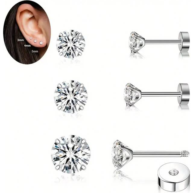 SHEIN 6pcs 3 Pairs Anti-Allergy Stainless Steel Stud Earrings Set - Cubic Zirconia Studs, Flat Back Cartilage & Ear Screen Spiral Piercing Jewelry, 3mm/4mm/