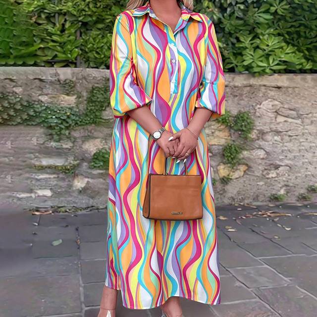 EMERY ROSE Plus Size All-Over Print Button Front Long Sleeve Casual Midi Dress Maxi Women Outfit