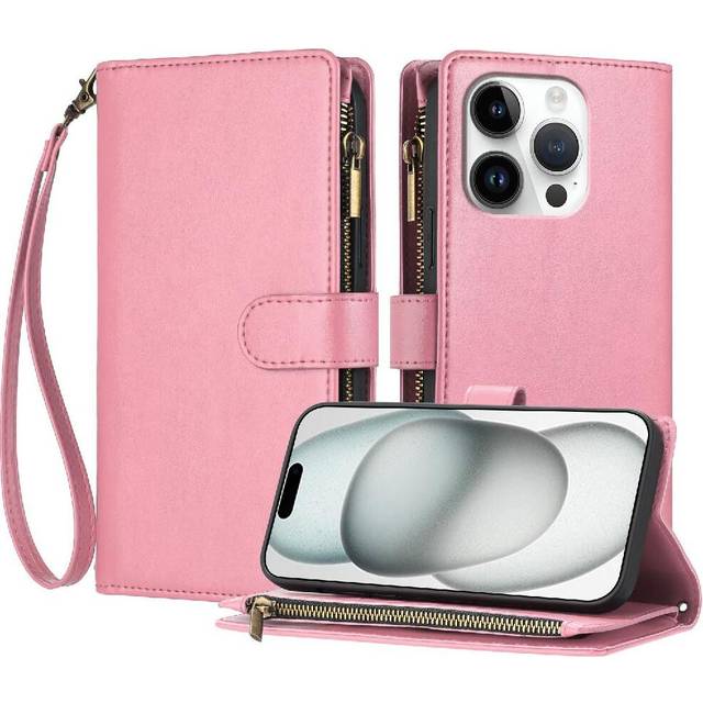 (Pink) Case for iphone 16 Pro Handbag Cover Folio Flip Card Slots Pu Leather Wallet Zipper