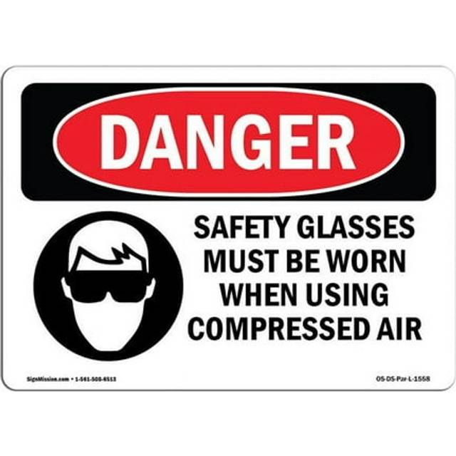 SignMission OS-DS-P-710-L-1558 OSHA Danger Sign - Safety Glasses Must Be Worn Compressed Air