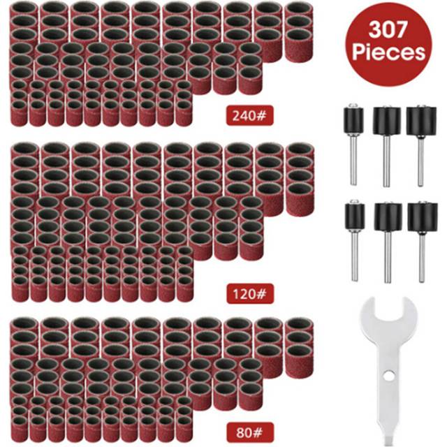 307 Piece Sanding Drum Set for Drum Sander - 300 Sanding Belt Sleeves (80#/120#/240#) + 6 Pieces Rotary Tool Drums
