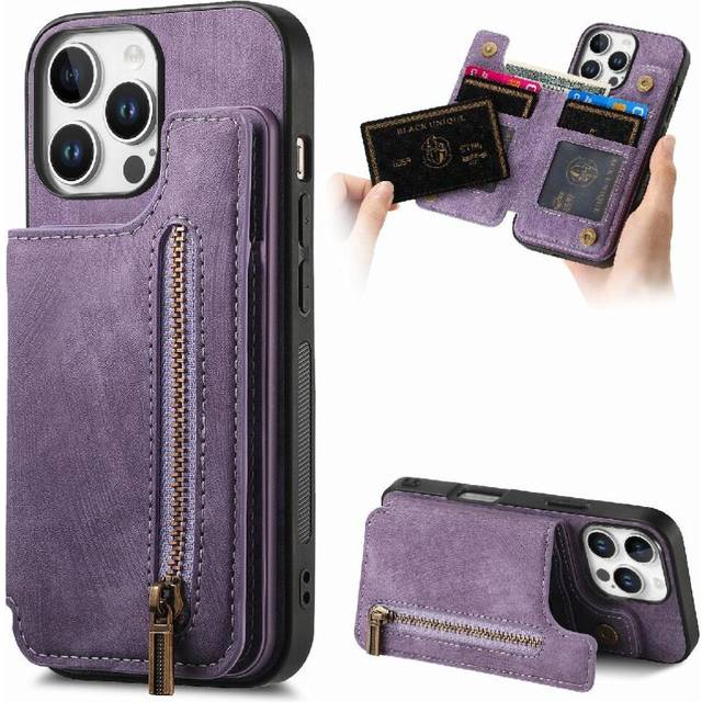 (Purple) Case for iphone 16 Pro Max Stand Function Vintage Zipper Wallet Foldable Back Cover