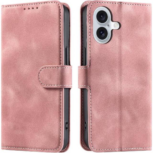 (Pink) Flip Case for iphone 16 Plus Kickstand Wallet Card Slots Magnetic Wrist Strap Pu Leather