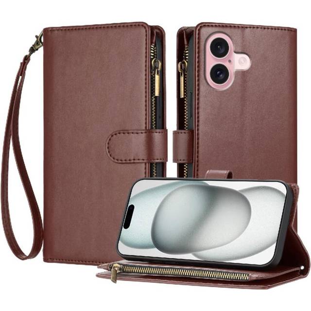 (Brown) Case for iphone 16 Card Slots Folio Flip Wallet Zipper Handbag Cover Pu Leather