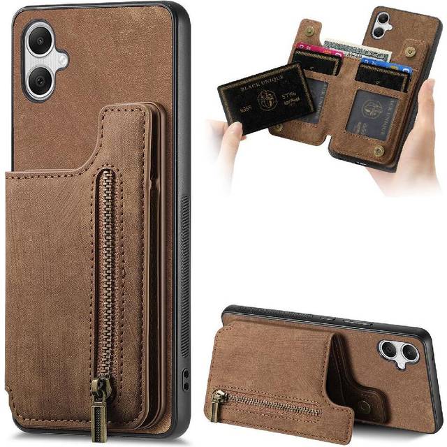 (Brown) Case for Samsung Galaxy A05 Stand Function Foldable Back Cover Vintage Zipper Wallet