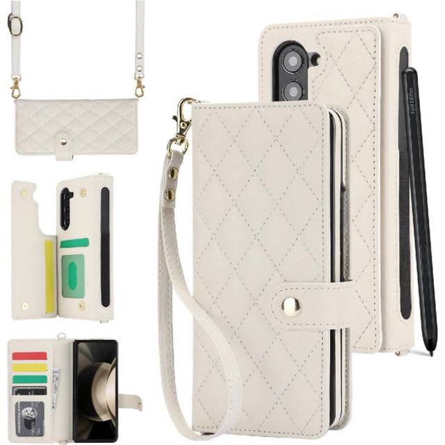 (White) Case for Samsung Galaxy Z Fold 6 Anti Theft Brush Stand Function Leather Wallet Case Crossbody Style with 5 Card Slots Premium Protection