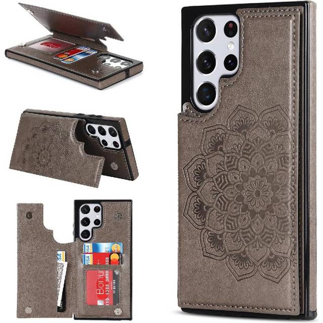 (Gray ) Wallet with Card Holder Case for Samsung Galaxy S24 Ultra Pu Leather Pattern Flower Double Buttons Embossed Mandala Flip Shockproof