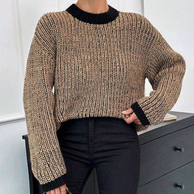 SHEIN Casual Oversize Crew Neck Contrast Color Stripe Drop Shoulder Balloon Sleeve Sweater