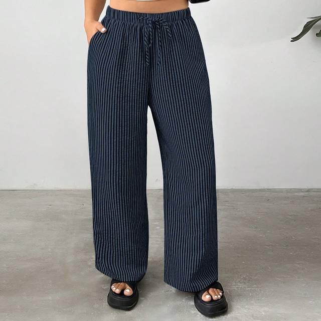 SHEIN Plus Size Casual Stripe Front Tie Pocket Simple Relaxed Trousers