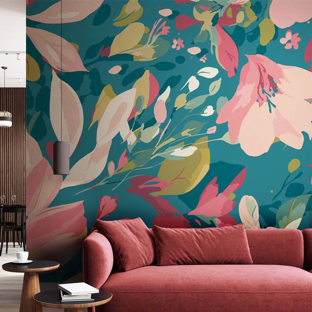 Origin Murals Flowing Flowers Teal Blue And Coral 3M X 2.4M Wall Mural, Multi