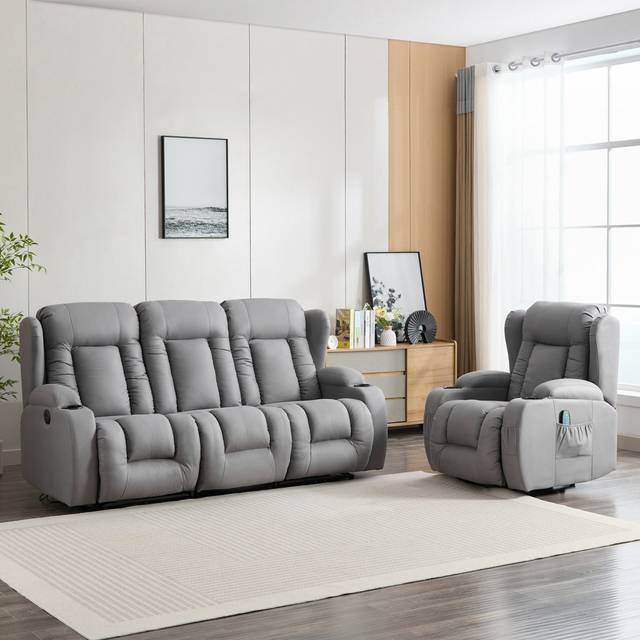 Andreaz 1+3 Seater Grey Technology Fabric Modern 2 Piece Reclining Sofa Set