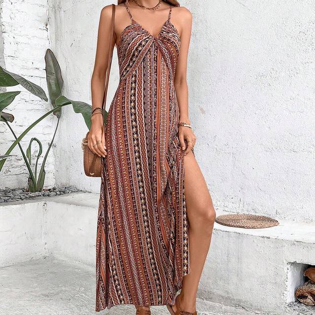 Breezaya Vintage Print Side Slit Backless Halter Dress, Vacation Casual Maxi Vacation Beach Outfits Women