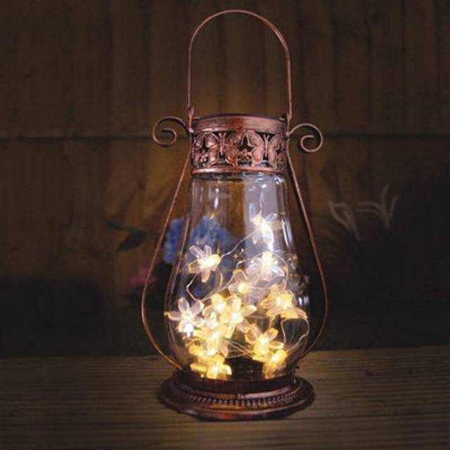 Solar Powered Lantern with Fairy Lights - Freestanding or Hanging Garden Lighting Ornament with Butterfly Pattern - H32 x 15cm Dia - Copper - One Size