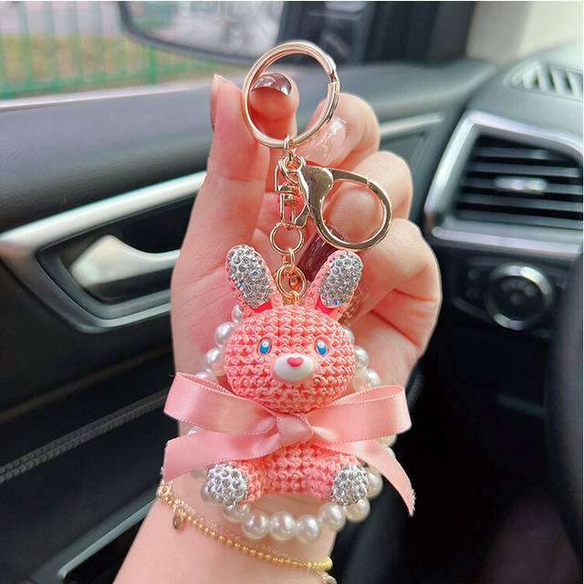 (Pink) Resin Diamond Cute Rabbit Keychain With Pearl Chain Cartoon Doll Bag Pendants