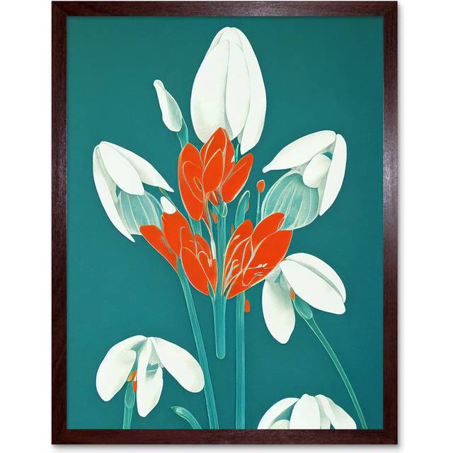 Wall Art Print Abstract Snowdrops Red Flowers on Teal Retro Mid Century Style Art Framed - Brown - W12 inch x H16 inch