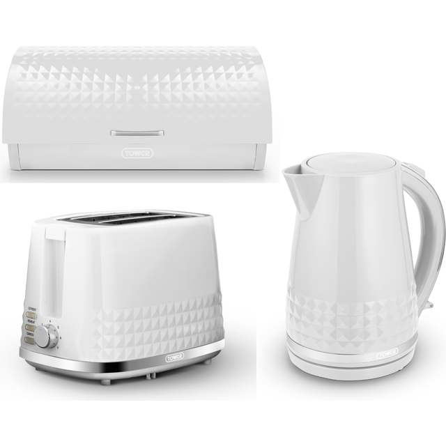 Tower Solitaire White Kettle 2 Slice Toaster Bread Bin & Canisters Set
