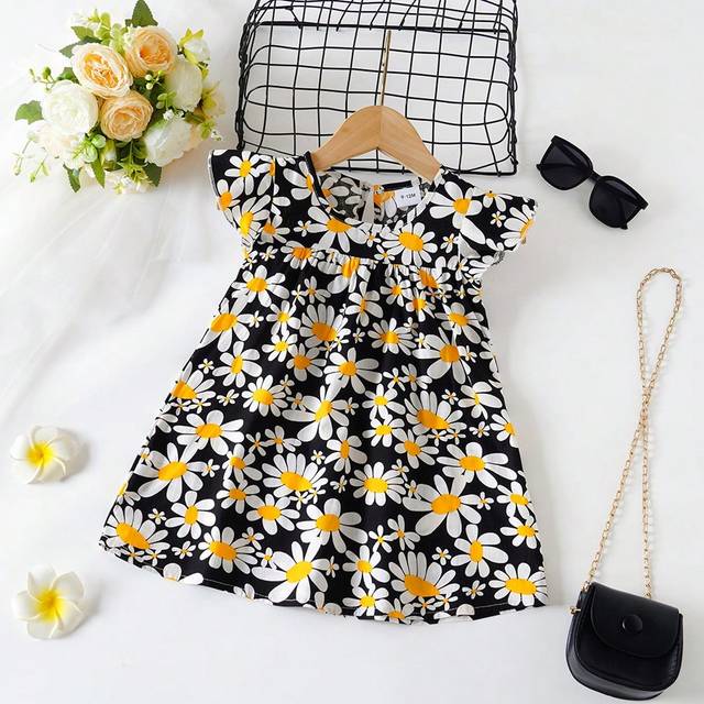 SHEIN Baby Girl Flower Dress Baby Cap Sleeves Fashion Cute Princess Dress