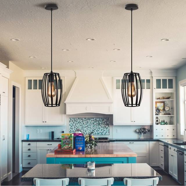 (2 Pack)Creative Industrial Pendant Light Vintage Chandelier Cage Pendant Lamp Retro Hanging Light Metal Iron Lamp Shade Black