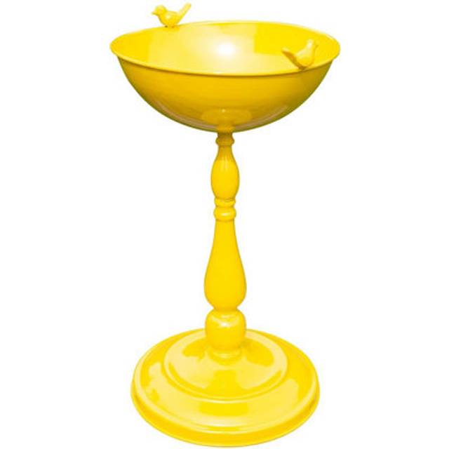 Small Yellow Bird Bath - Weather Resistant Metal Pedestal Style Colourful Outdoor Garden Wild Bird Water Bowl Station, H56 x W30cm - One Size